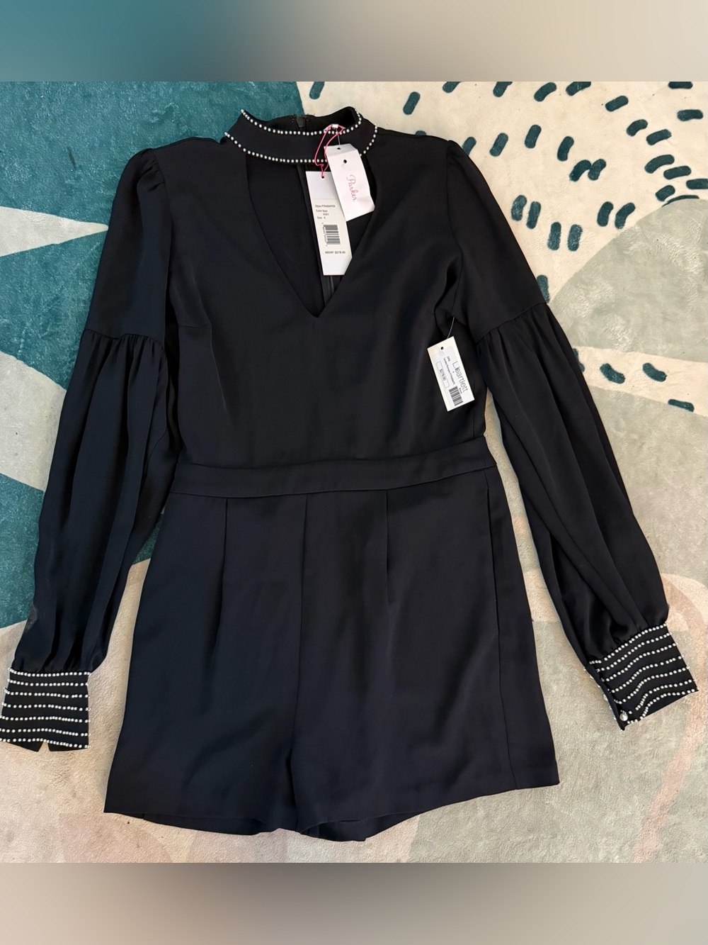 Parker Black Long-Sleeve V-Neck Romper with Studded Collar & Cuffs